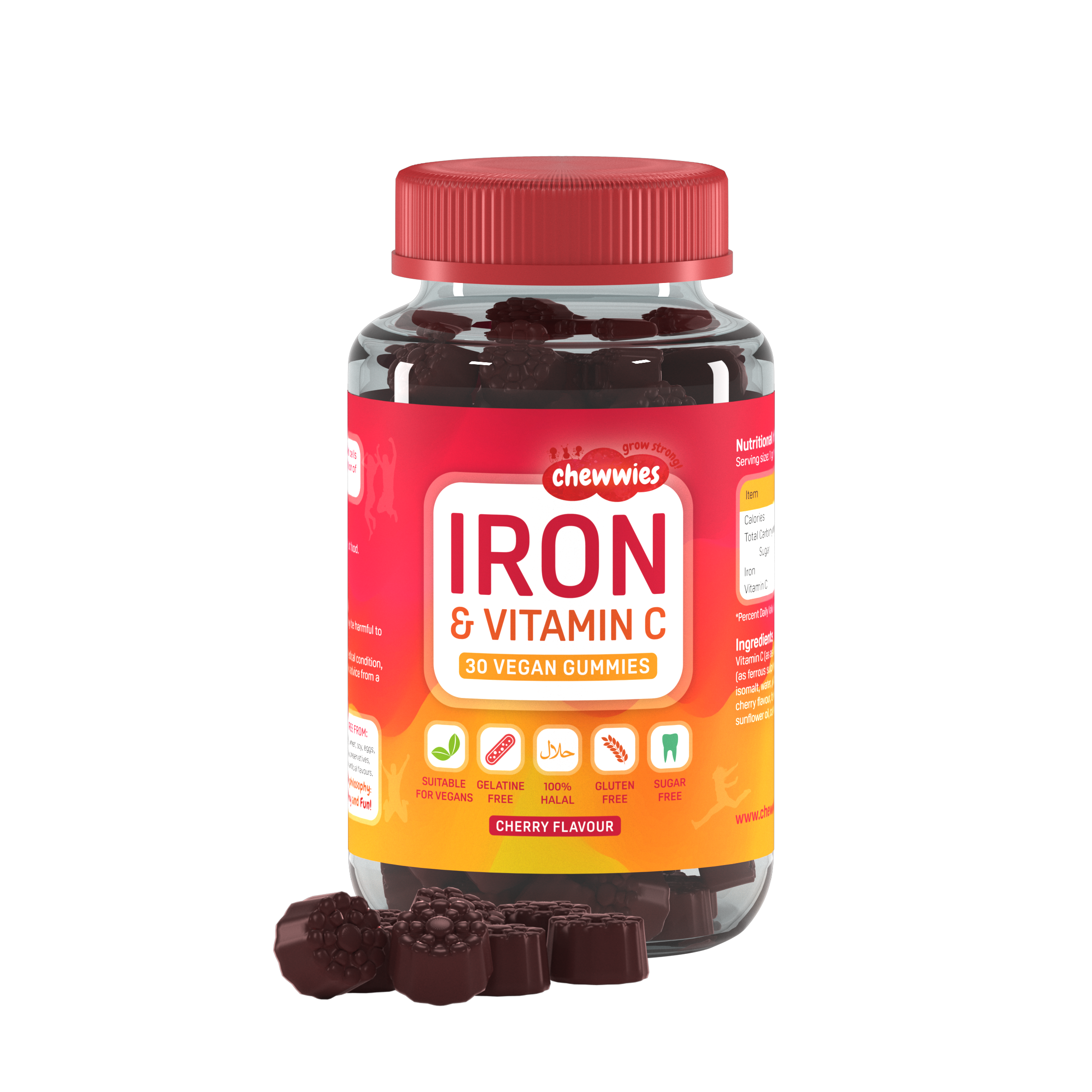 Chewwies Iron & Vitamin C, 30 gomitas veganas sin azúcar con sabor a cereza para energía y reducción del cansancio y la fatiga